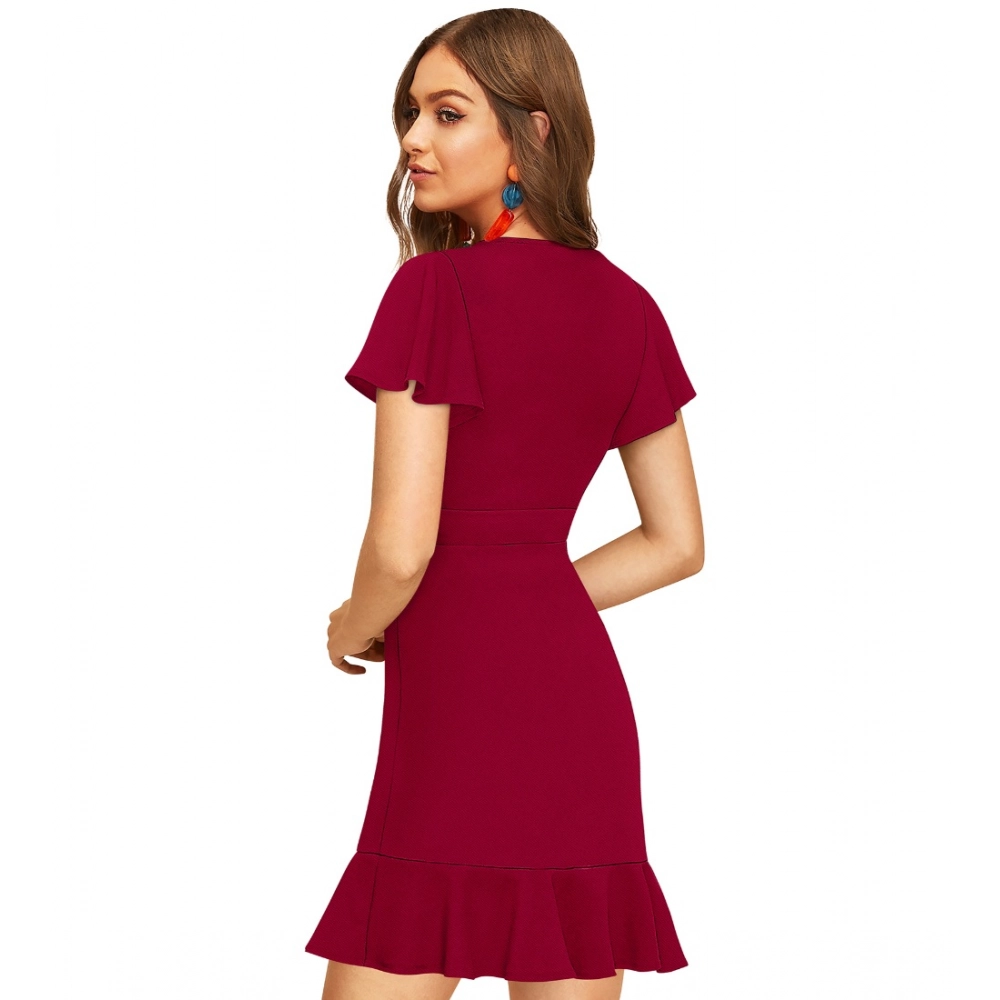 Generic Women's Knitting stretchable Solid V Neck Flaired Sleeve Dress (Maroon ) - Image 5