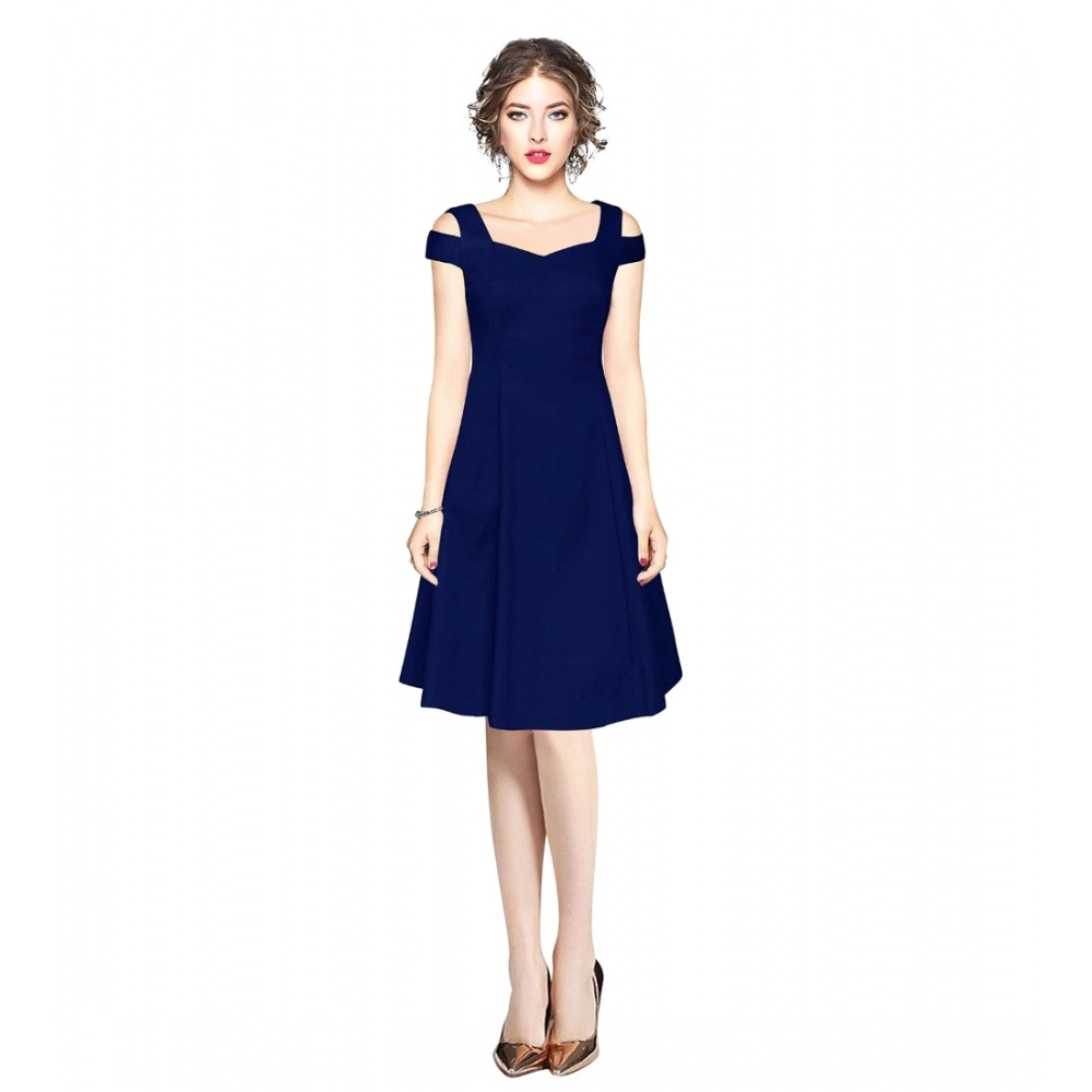 Generic Women’s Polyester Solid V Neck Cap Sleeve off Shoulder Dress (Blue)