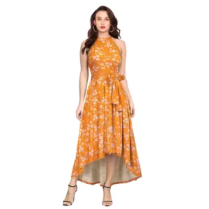 Generic Women's Polyester Printed Halter Neck Sleeveless Dress (Yellow)
