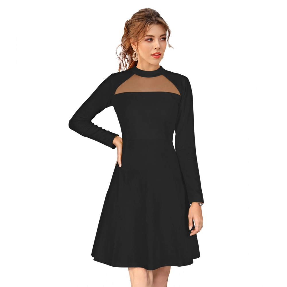 Generic Women’s Knitting stretchable Solid Round Neck Full Sleeve Dress (Black)