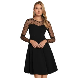 Generic Women's Knitting stretchable Solid Round Neck Full Sleeve Dress (Black)