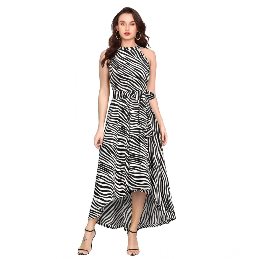 Generic Women’s Polyester Zebra Pattern Halter Neck Sleeveless Dress (White)