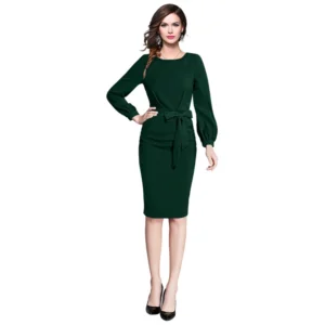 Generic Women's Knitting stretchable Solid Round Neck Full Sleeve Dress (Green)