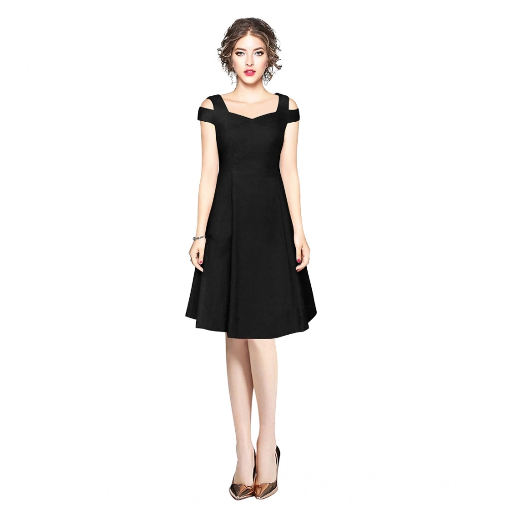 Generic Women’s Polyester Solid V Neck Cap Sleeve off Shoulder Dress (Black)