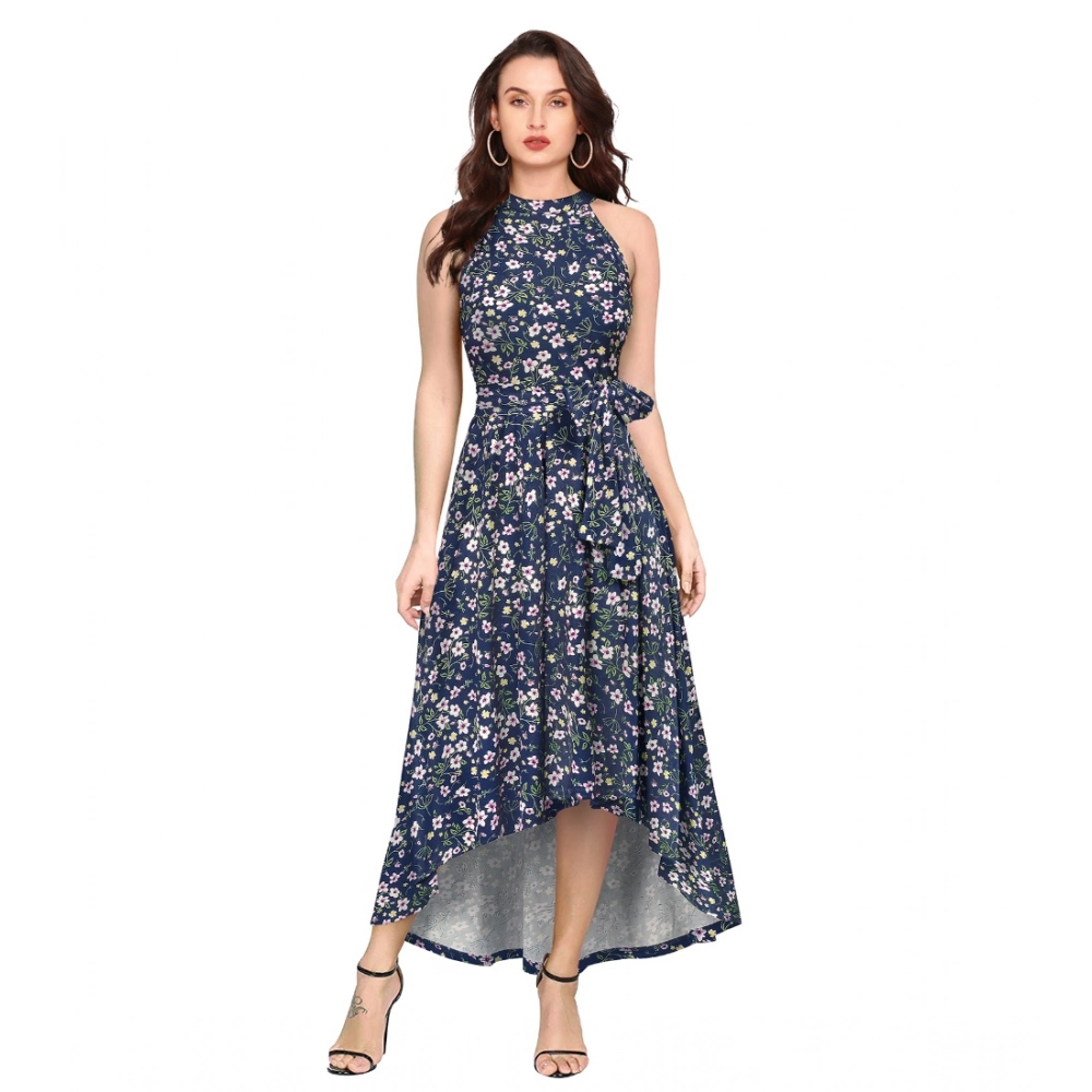 Generic Women’s Polyester Printed Halter Neck Sleeveless Dress (Blue)
