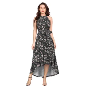 Generic Women's Polyester Printed Halter Neck Sleeveless Dress (Black)