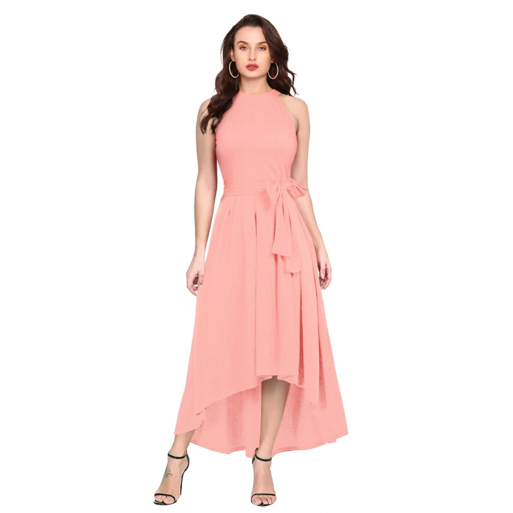 Generic Women’s Polyster Solid Halter Neck Sleeveless Dress (Peach)
