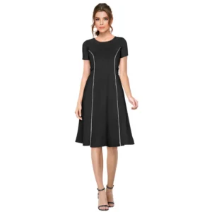 Generic Women's Knitting stretchable Solid Round Neck Cap Sleeve Dress (Black)
