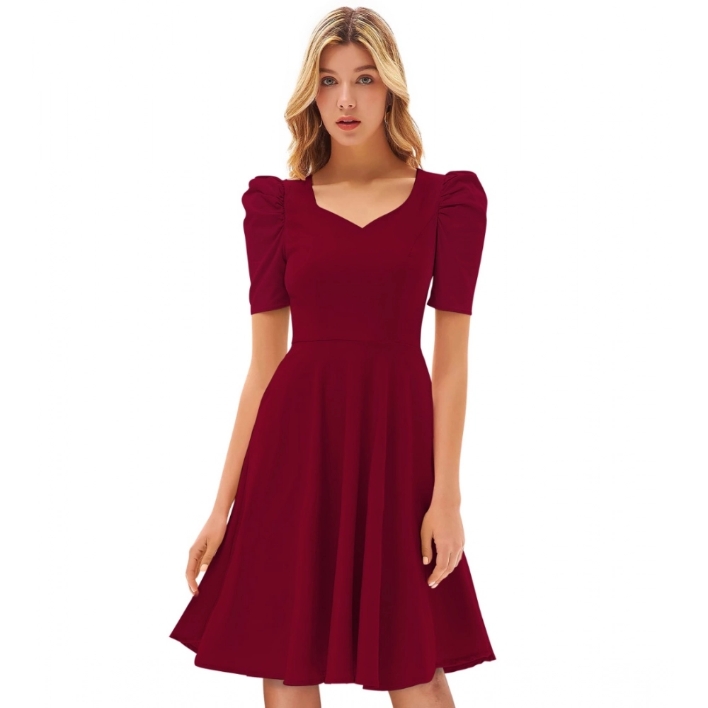 Generic Women’s Knitting stretchable Solid V Neck Cap Sleeve Dress (Maroon)