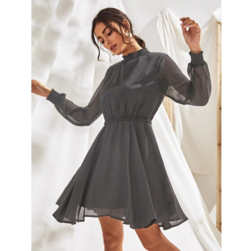 Generic Women's Fox Georgette Solid High Neck Full Sleeve Dress (Grey)