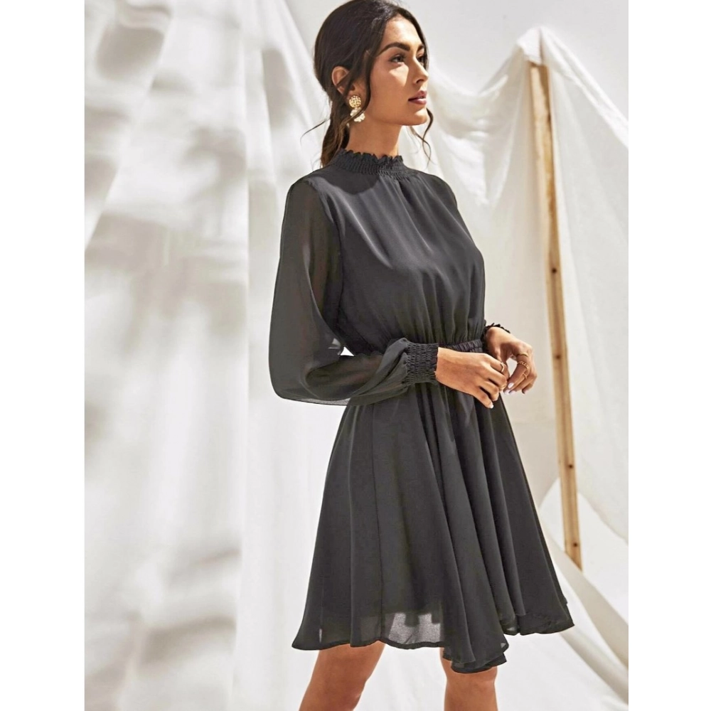 Generic Women's Fox Georgette Solid High Neck Full Sleeve Dress (Grey) - Image 4