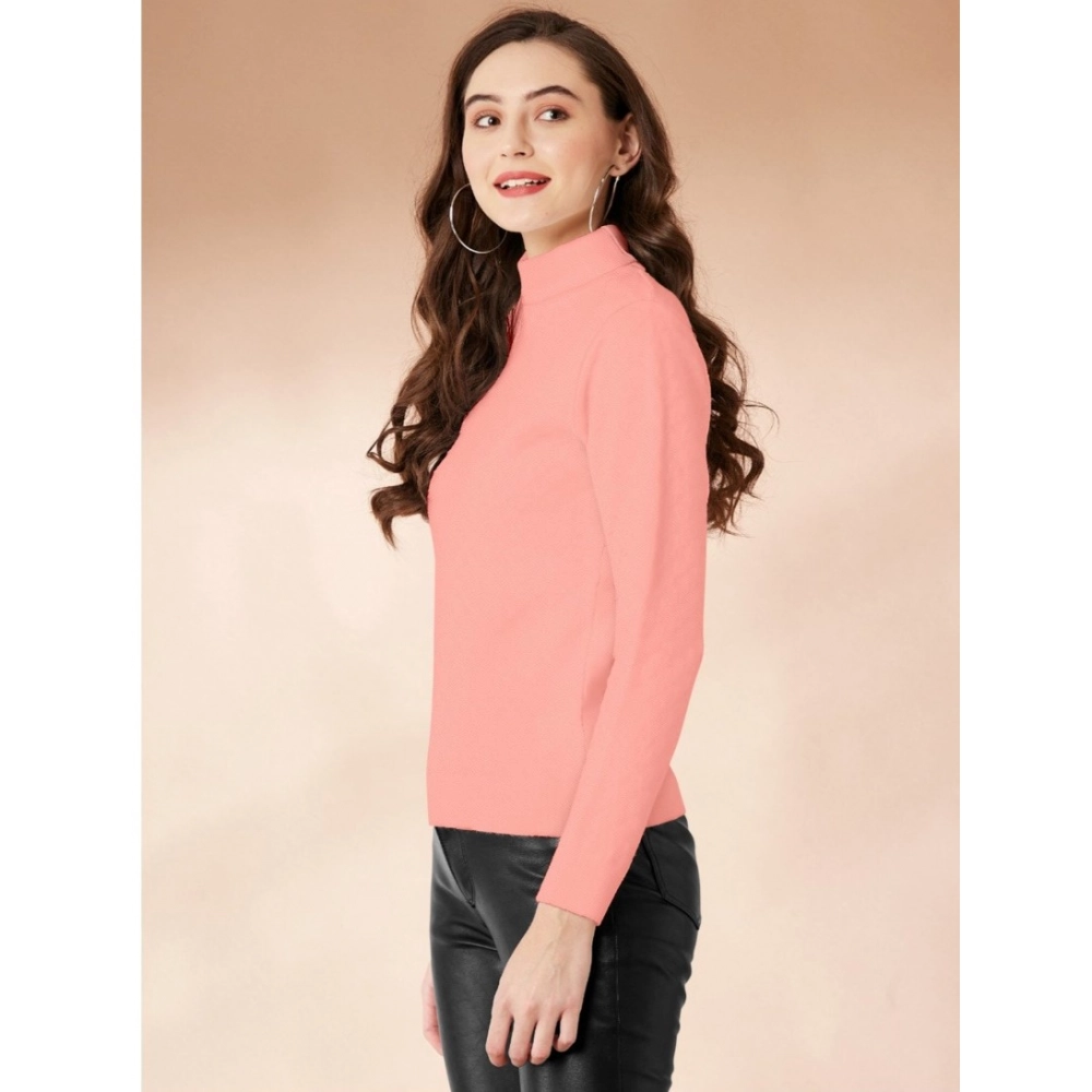 Generic Women's Polyester Solid High Neck Full Sleeve T-Shirt (Peach) - Image 4