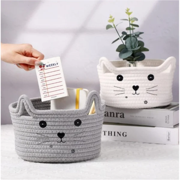 Generic Cotton Small Cat With Face Basket Pack of 1 (Grey) - Image 2