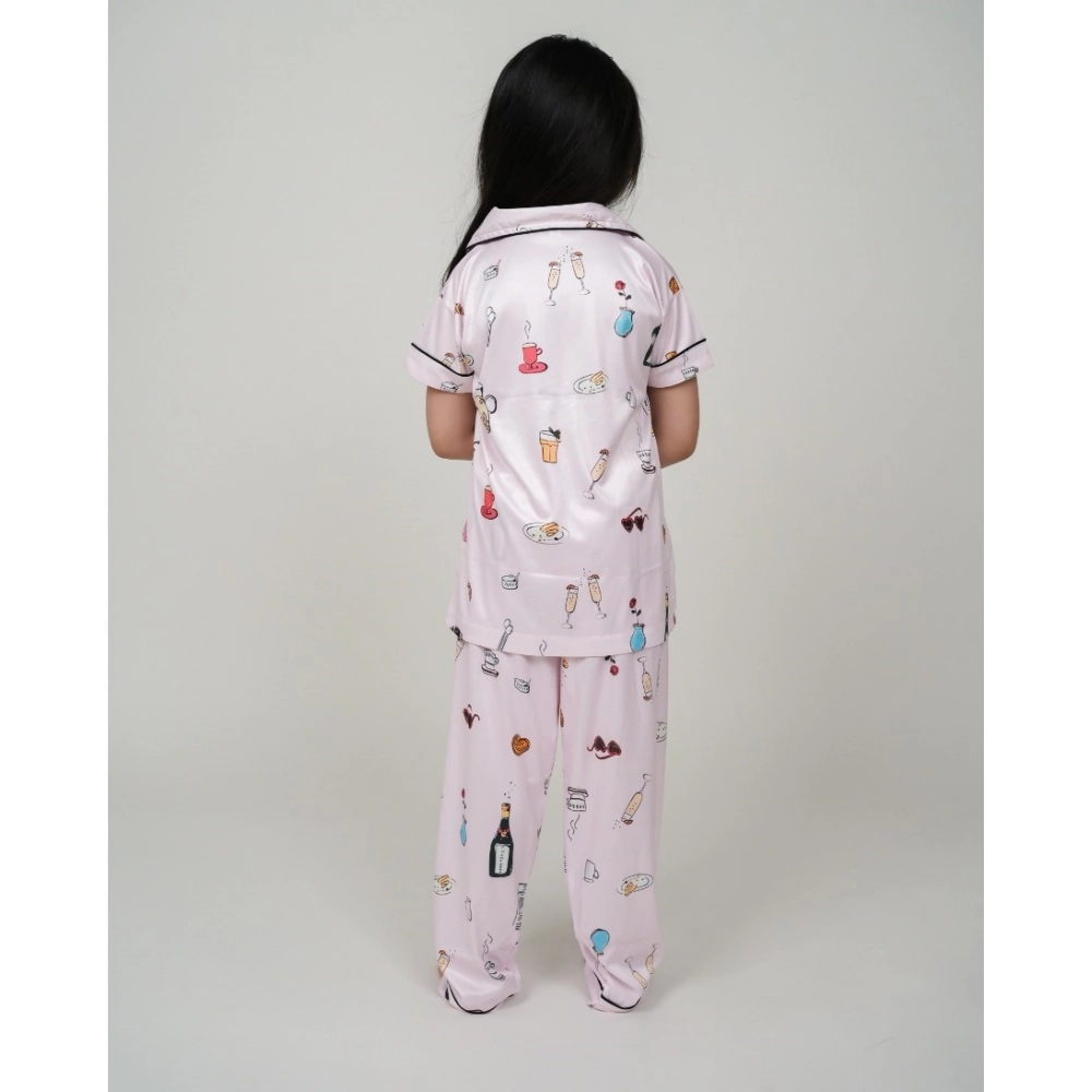 Generic Girl's Silk Bleand Printed Short Sleeve Night Suit Set (Creem) - Image 4