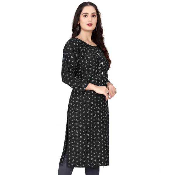 Generic Women's Rayon Printed Round Neck 3-4 th Sleeve Kurti (Black) - Image 4