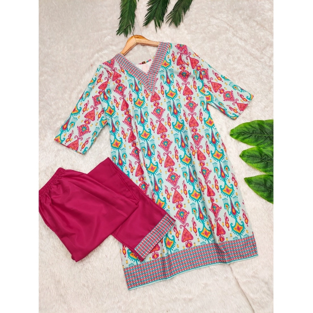 Generic Women’s Rayon Printed V Neck 3-4th Sleeve Kurti With Pant Set (Pink)