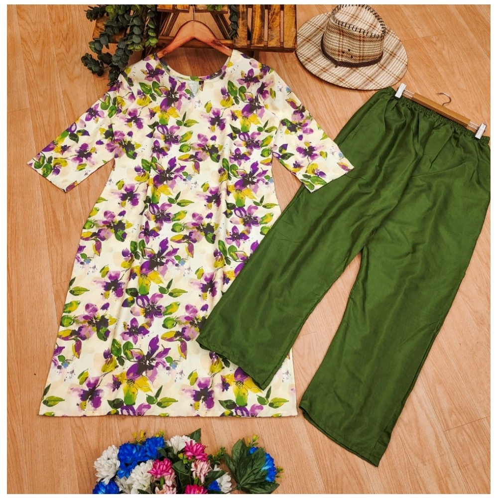 Generic Women's Rayon Printed Round Neck 3-4th Sleeve Kurti With Pant Set (Green) - Image 3