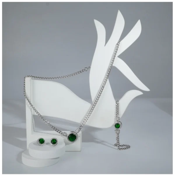 Generic Women's Stainless Steel Green Color Silver Chain Western Combo Jewelry (Silver Plated) - Image 3