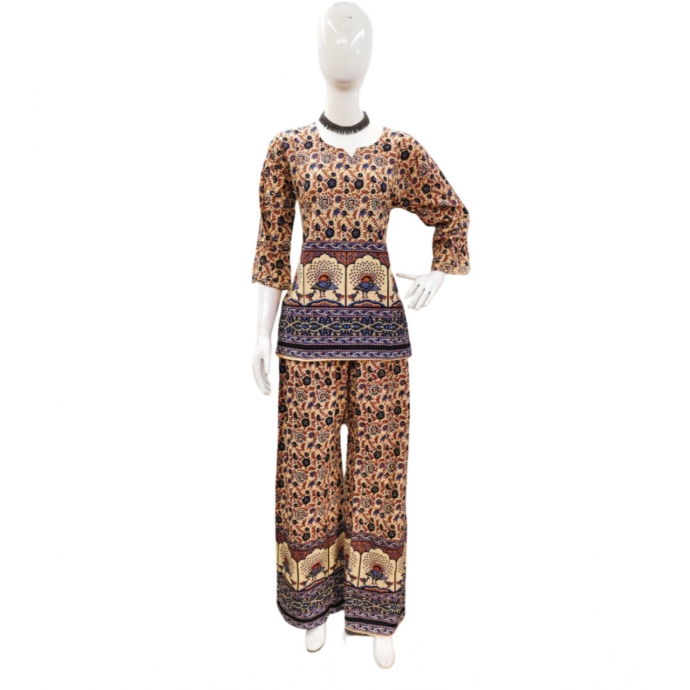 Generic Women’s Cotton Jaipuri Printed 3-4th Sleeve Co ord Set (Multicolor)