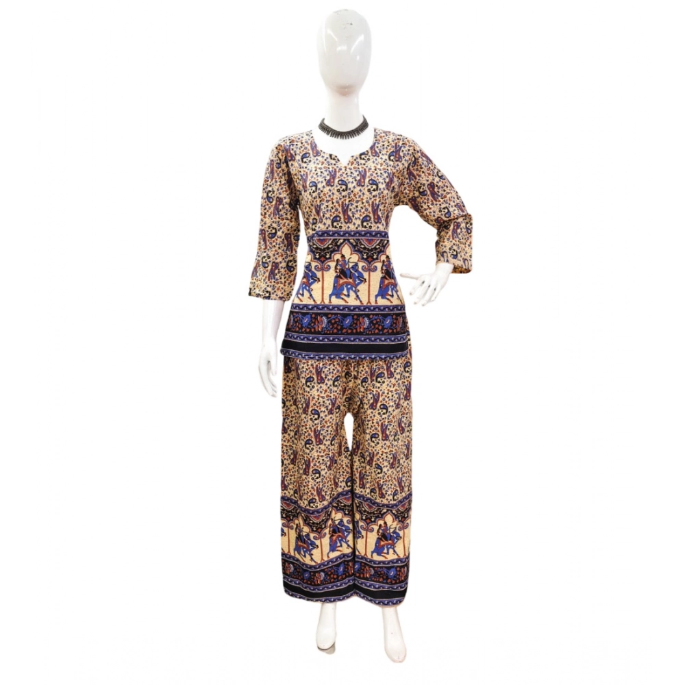 Generic Women’s Cotton Jaipuri Printed 3-4th Sleeve Co ord Set (Multicolor)