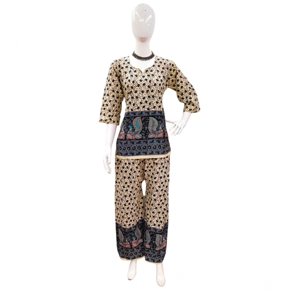 Generic Women’s Cotton Jaipuri Printed 3-4th Sleeve Co ord Set (Multicolor)