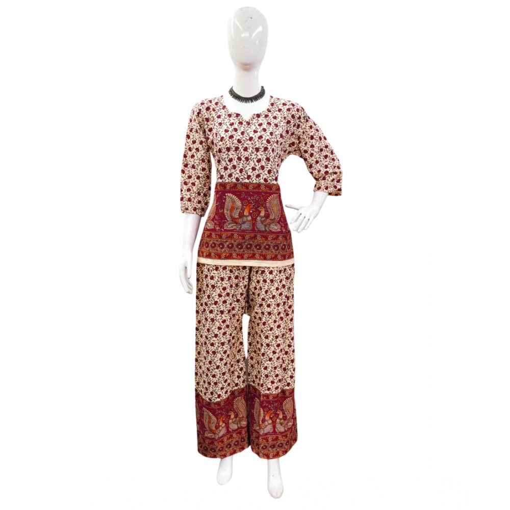 Generic Women’s Cotton Jaipuri Printed 3-4th Sleeve Co ord Set (Multicolor)