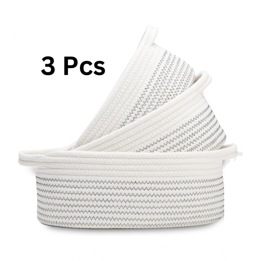 Generic Cotton Zigzag Oval Basket Pack of 3 Storage Basket For Clothes (White)