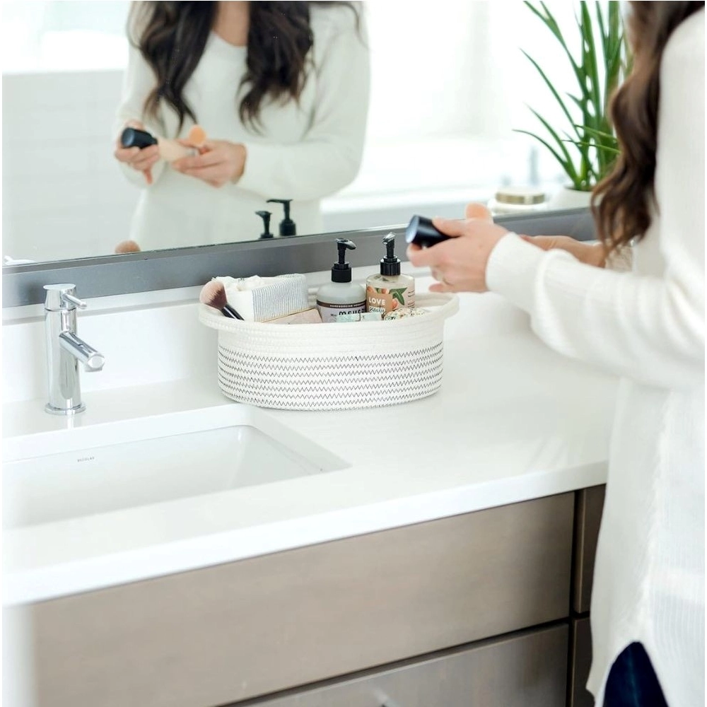 Generic Cotton Zigzag Oval Basket Pack of 3 Storage Basket For Clothes (White) - Image 3