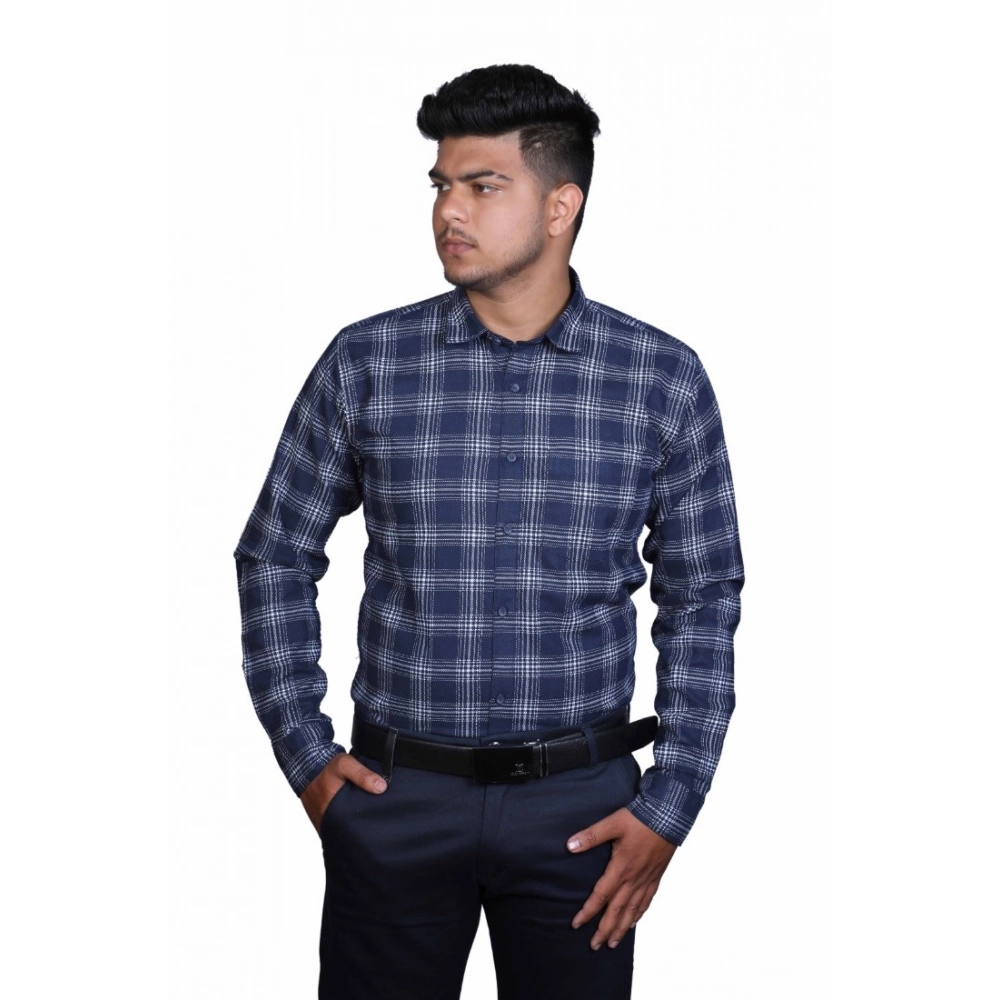 Generic Men’s Cotton Lycra Full Sleeve Checked Casual Shirt (Navy Blue)