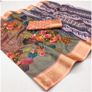 Generic Women's Cotton Silk Printed Saree With Unstitched Blouse 5.5Mtr (Multicolor)
