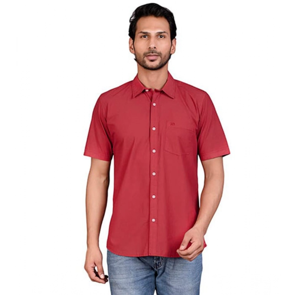 Generic Men’s Casual Cotton Half Sleeve Solid Shirt (Red)