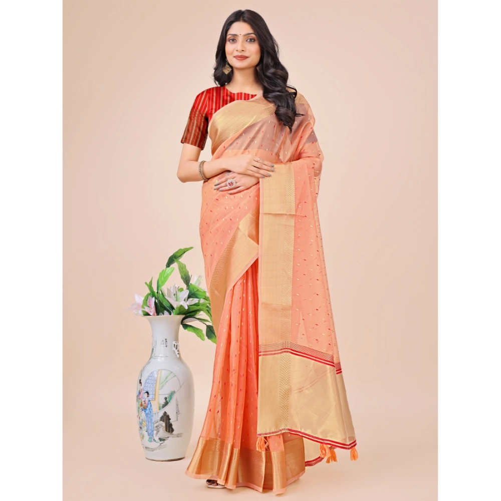 Generic Women’s Organza Printed Saree With Unstitched Blouse 5.5Mtr (Peach)