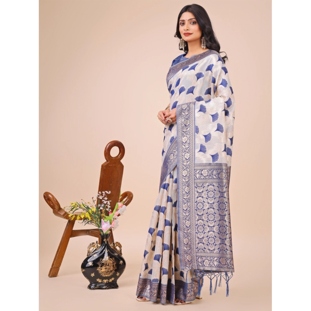 Generic Women’s Linen Cotton Printed Saree With Unstitched Blouse 5.5Mtr (Blue)