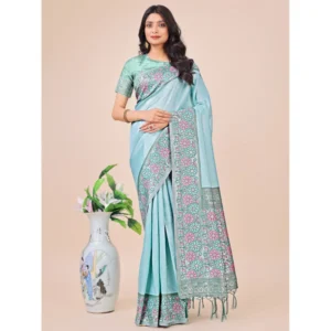 Generic Women's Lichi Silk Printed Saree With Unstitched Blouse 5.5Mtr (Teal)