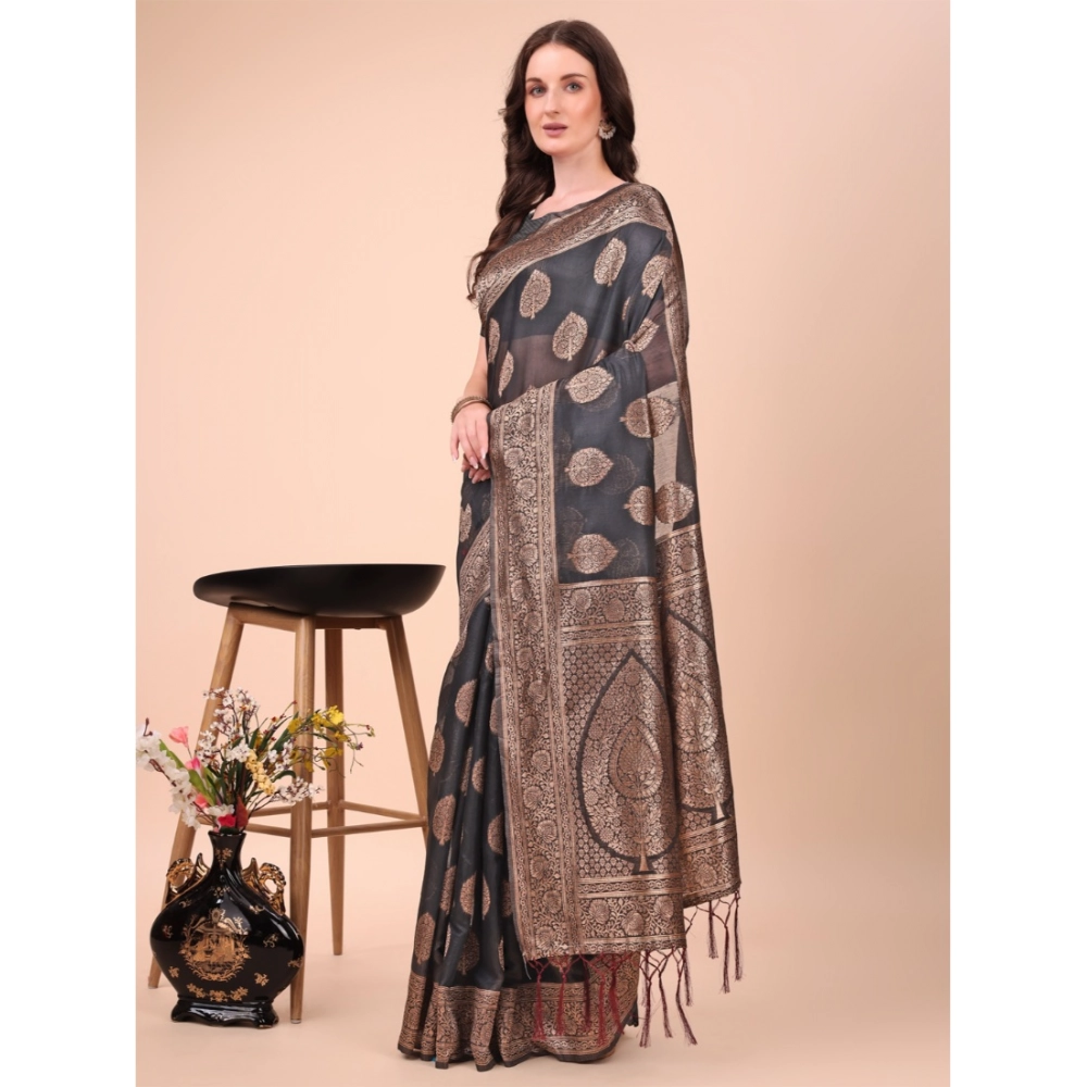 Generic Women’s Cotton Printed Saree With Unstitched Blouse 5.5Mtr (Black)