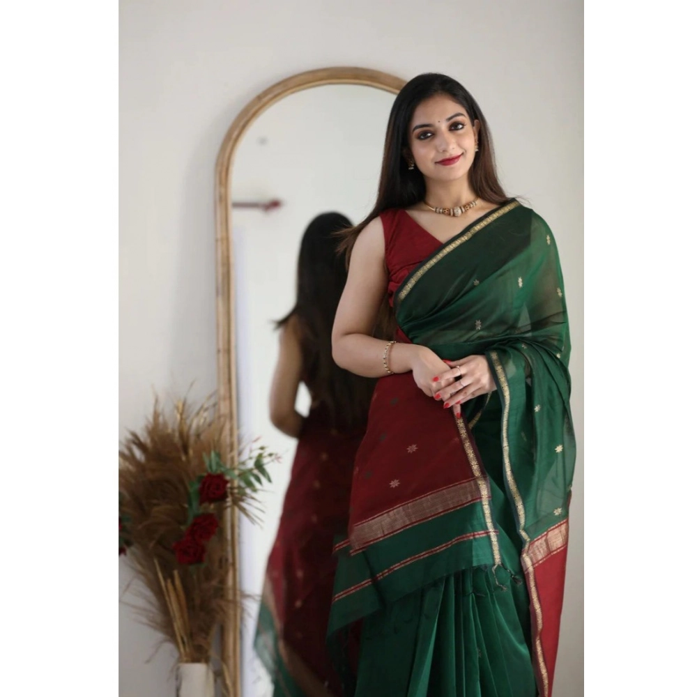 Generic Women's Cotton Printed Saree With Unstitched Blouse 5.5Mtr (Dark Green) - Image 3