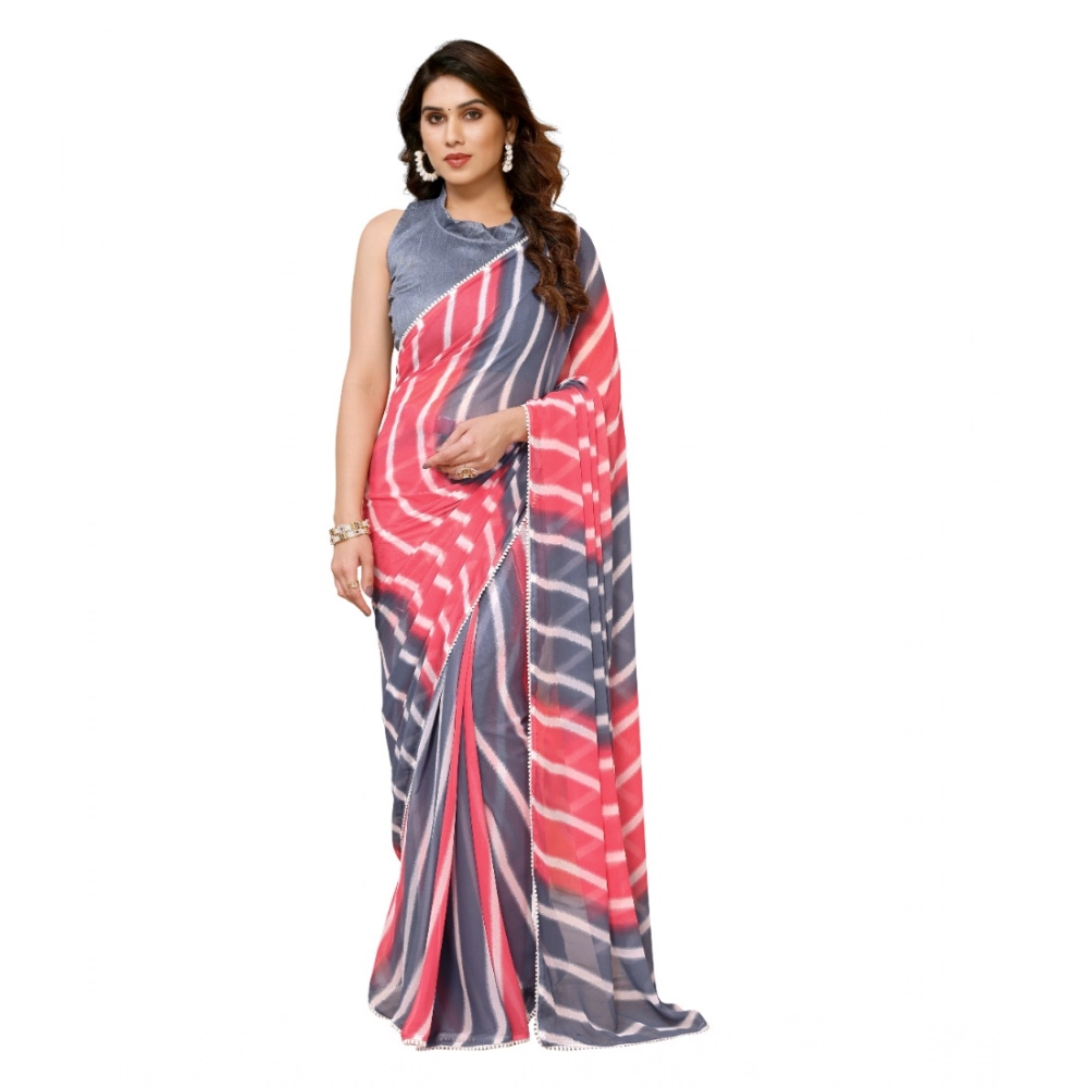 Generic Women’s Small Lace Georgette Striped Ready-to-Wear Saree With Unstitched Blouse 5.5 Mtr (Pink)
