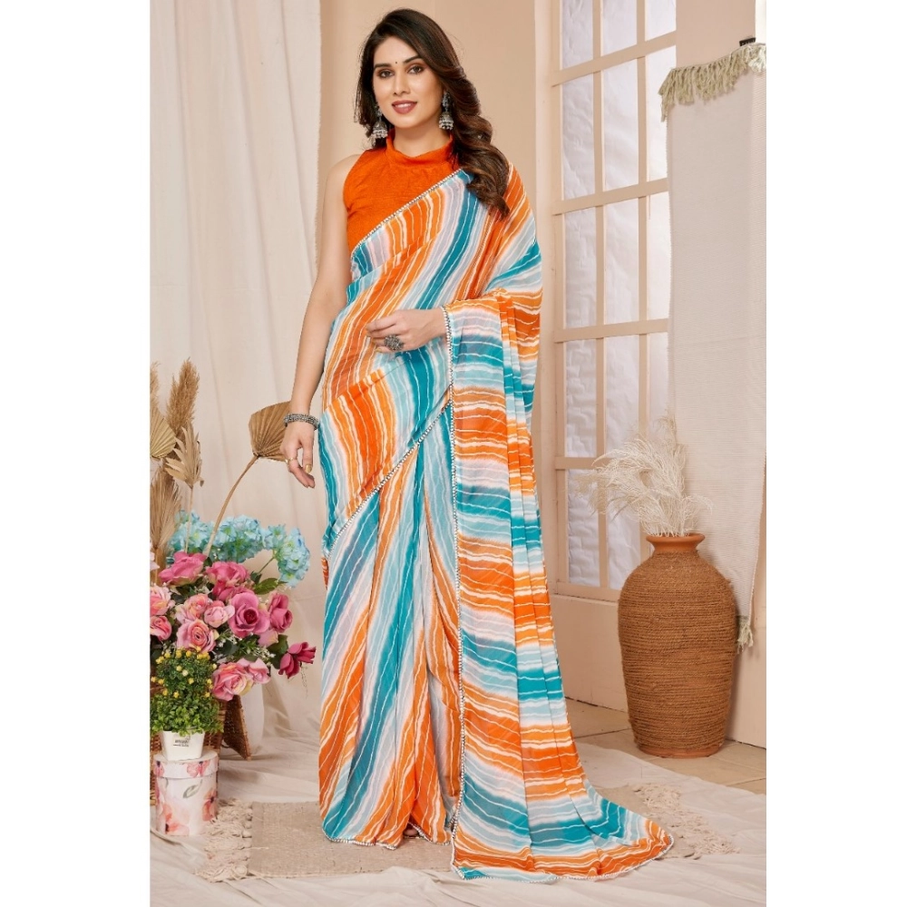 Generic Women’s Small Lace Georgette Striped Ready-to-Wear Saree With Unstitched Blouse 5.5 Mtr (Multicolor)