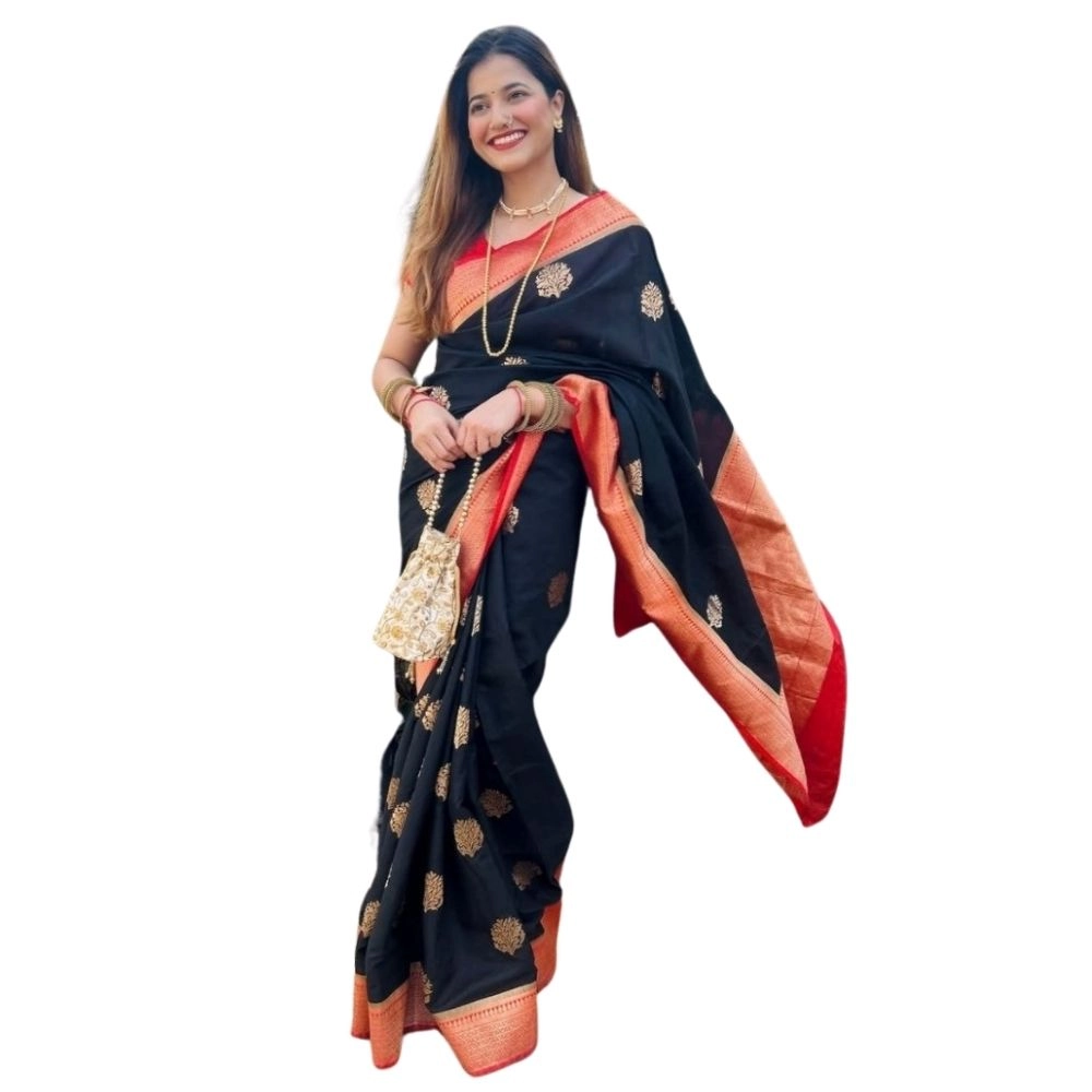 Generic Women’s Silk Printed Saree With Unstitched Blouse 5.5Mtr (Black-Red)