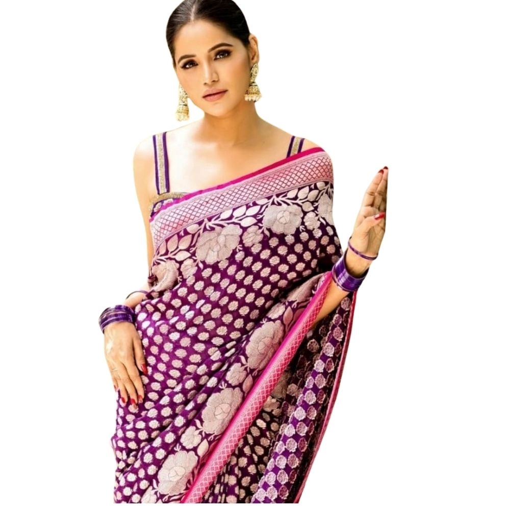 Generic Women’s Silk Printed Saree With Unstitched Blouse 5.5Mtr (Purple)
