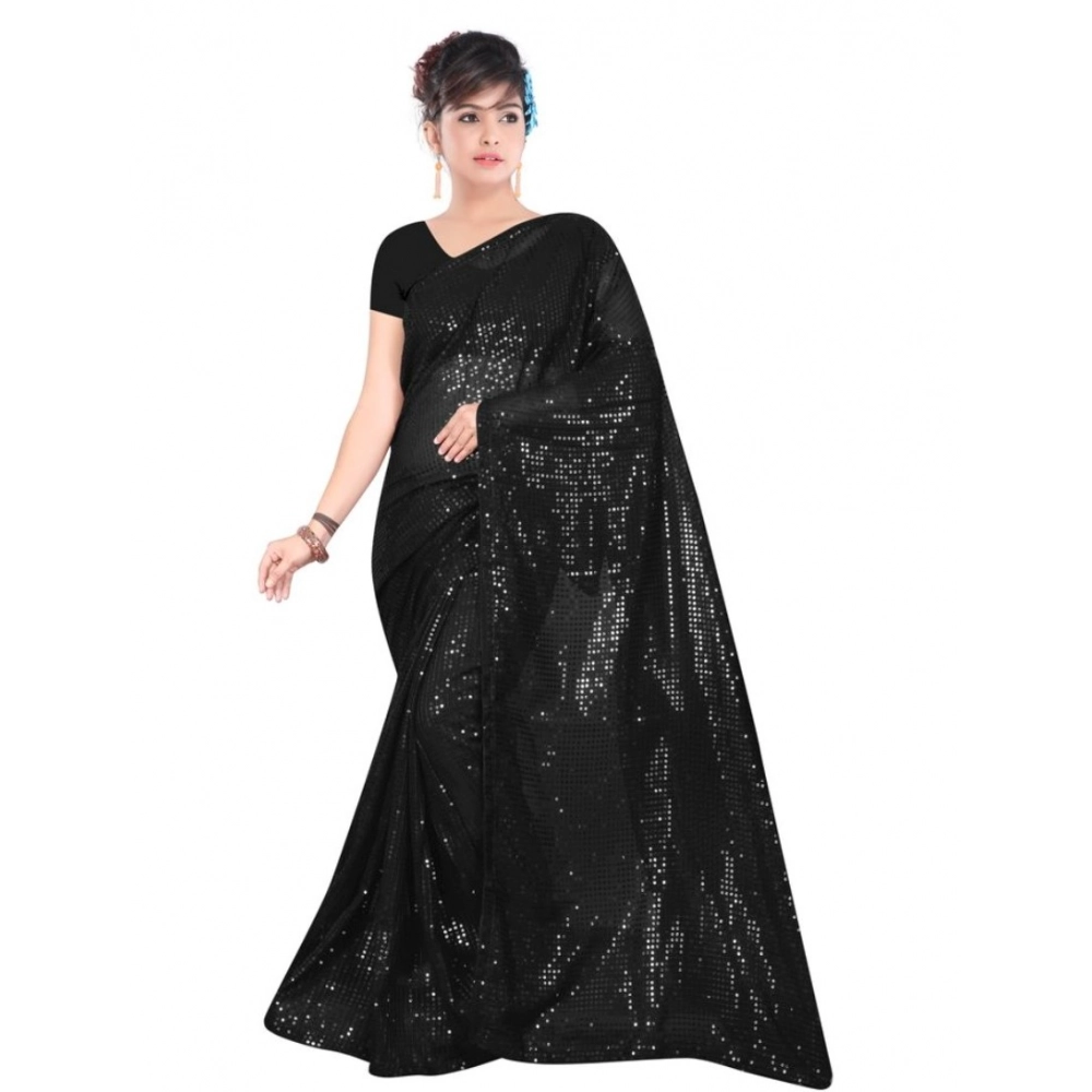 Generic Women’s Georgette Embellished Sequnece Bollywood Saree With Unstitched Blouse 5.5Mtr (Black)