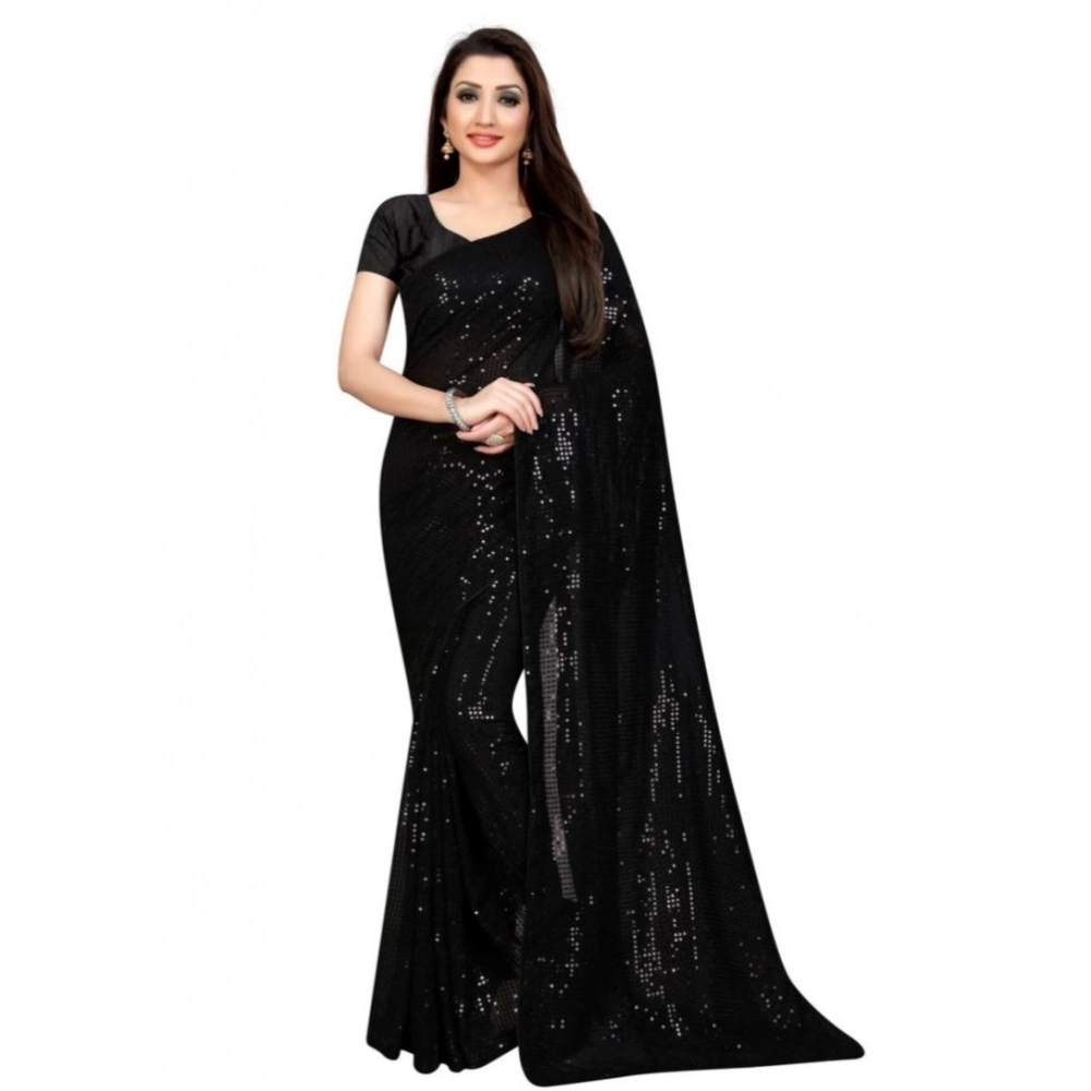 Generic Women’s Georgette Embellished Sequnece Bollywood Saree With Unstitched Blouse 5.5Mtr (Black)