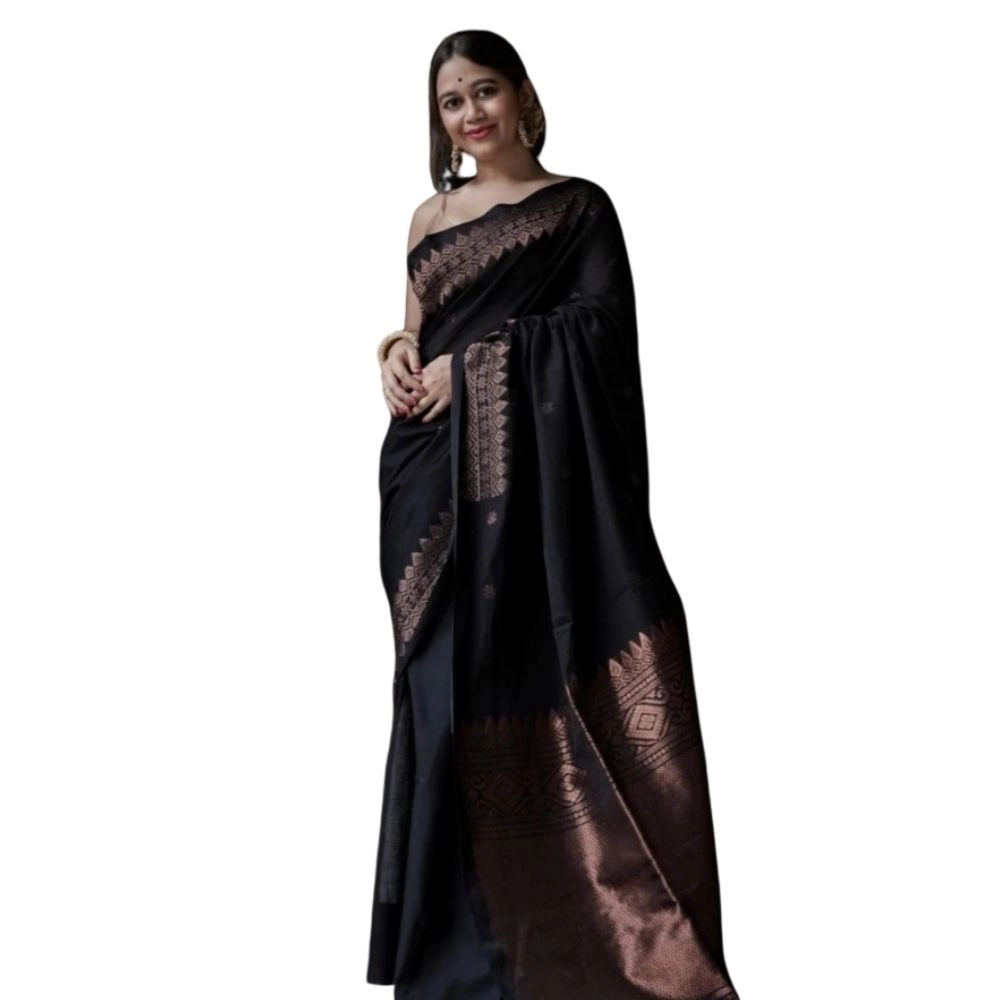 Generic Women’s Silk Printed Saree With Unstitched Blouse 5.5Mtr (Black)