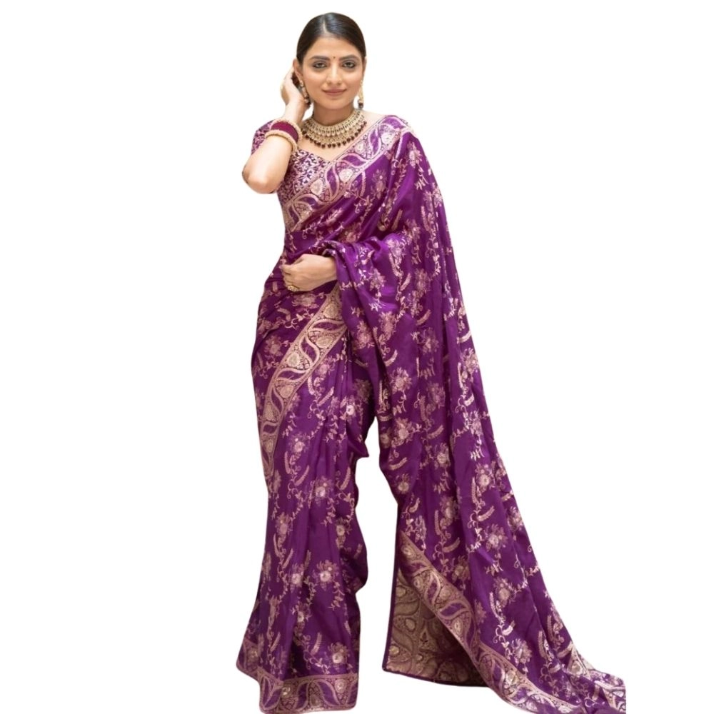 Generic Women’s Silk Printed Saree With Unstitched Blouse 5.5Mtr (Purple)