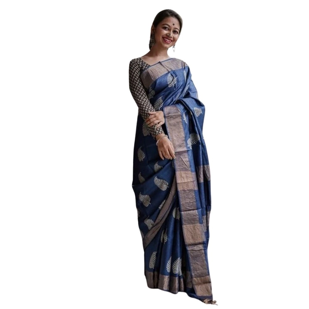 Generic Women’s Silk Printed Saree With Unstitched Blouse 5.5Mtr (Navy Blue)