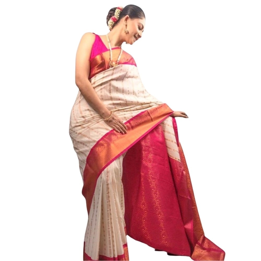 Generic Women’s Silk Printed Saree With Unstitched Blouse 5.5Mtr (White-Pink)