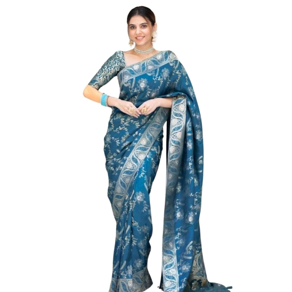 Generic Women’s Silk Printed Saree With Unstitched Blouse 5.5Mtr (Teal Blue)