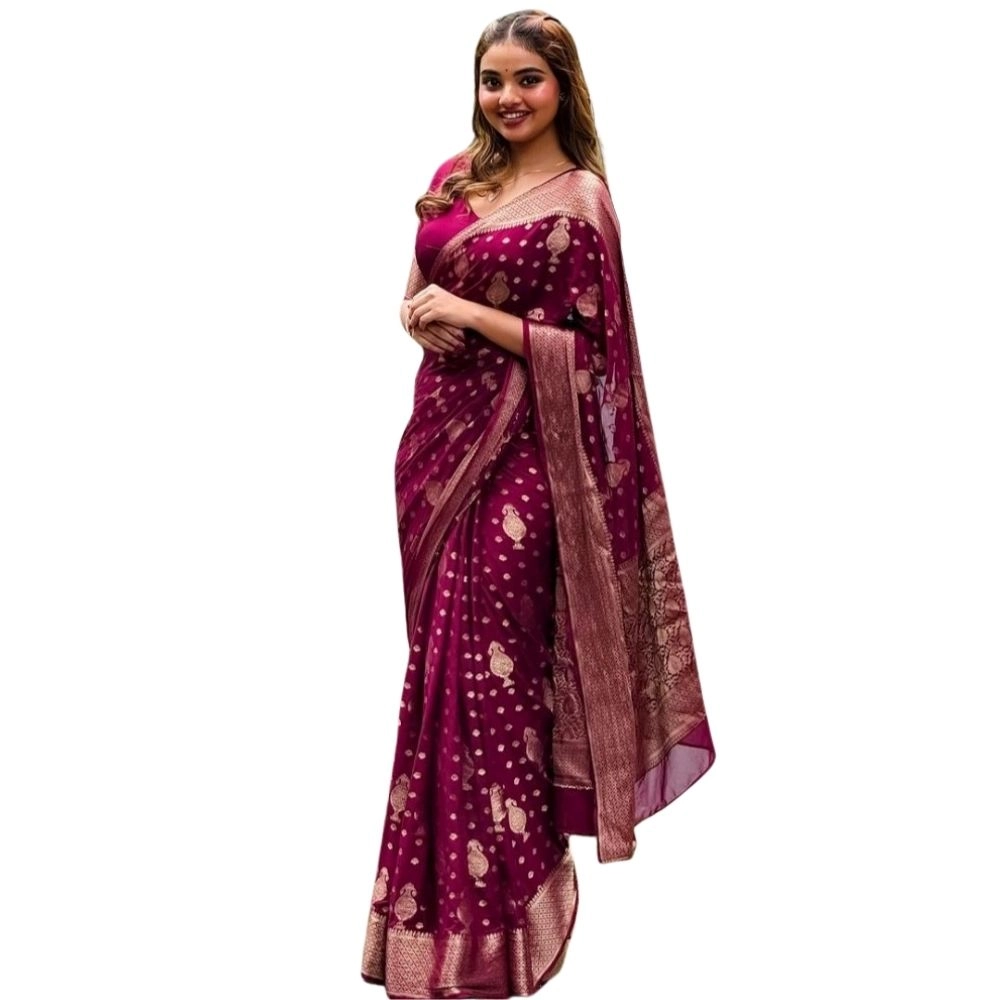 Generic Women’s Silk Printed Saree With Unstitched Blouse 5.5Mtr (Wine)