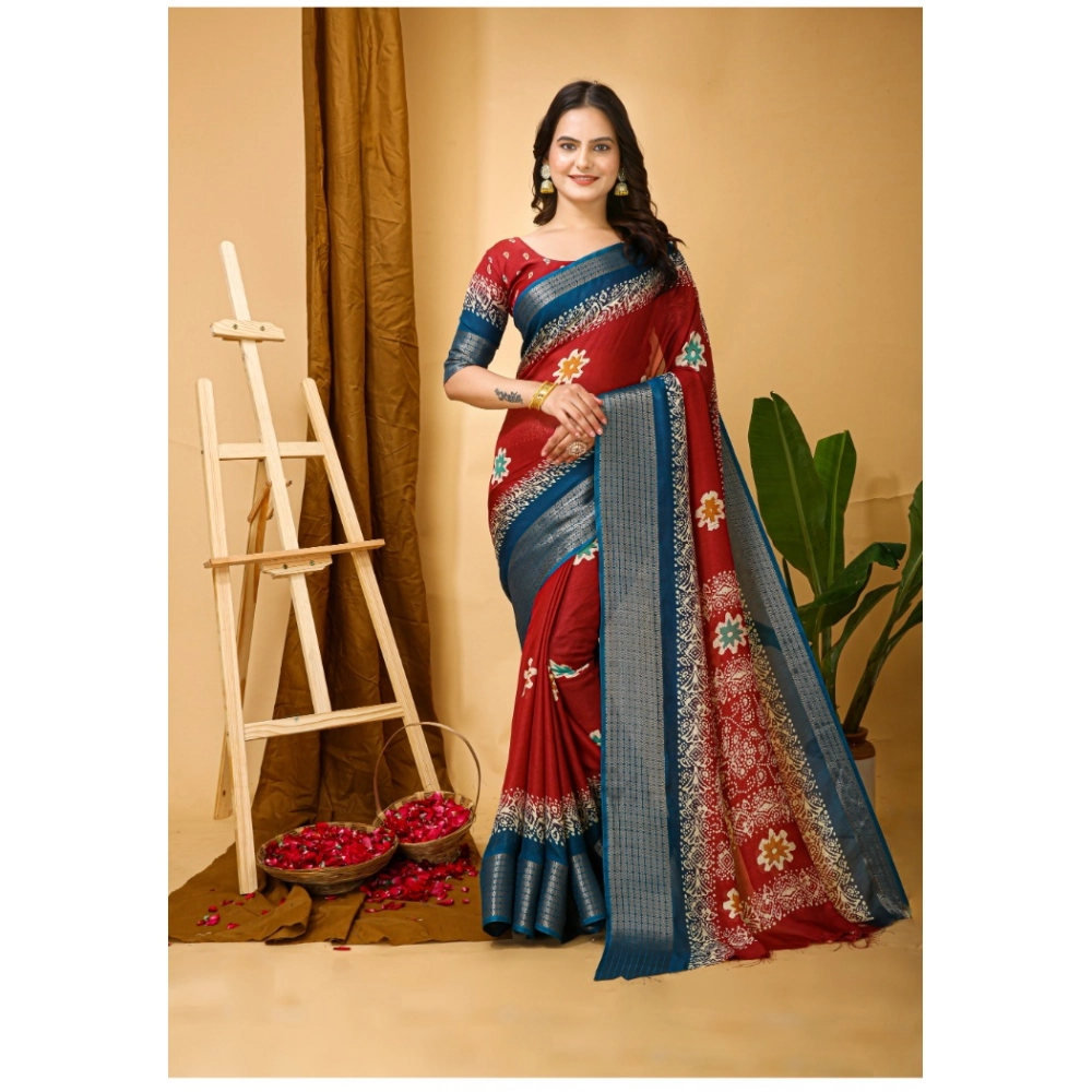 Generic Women’s Soft Blooming Marshmallow Fabric Kalamkari Printed Saree With Unstitched Blouse 5.5Mtr (Red)
