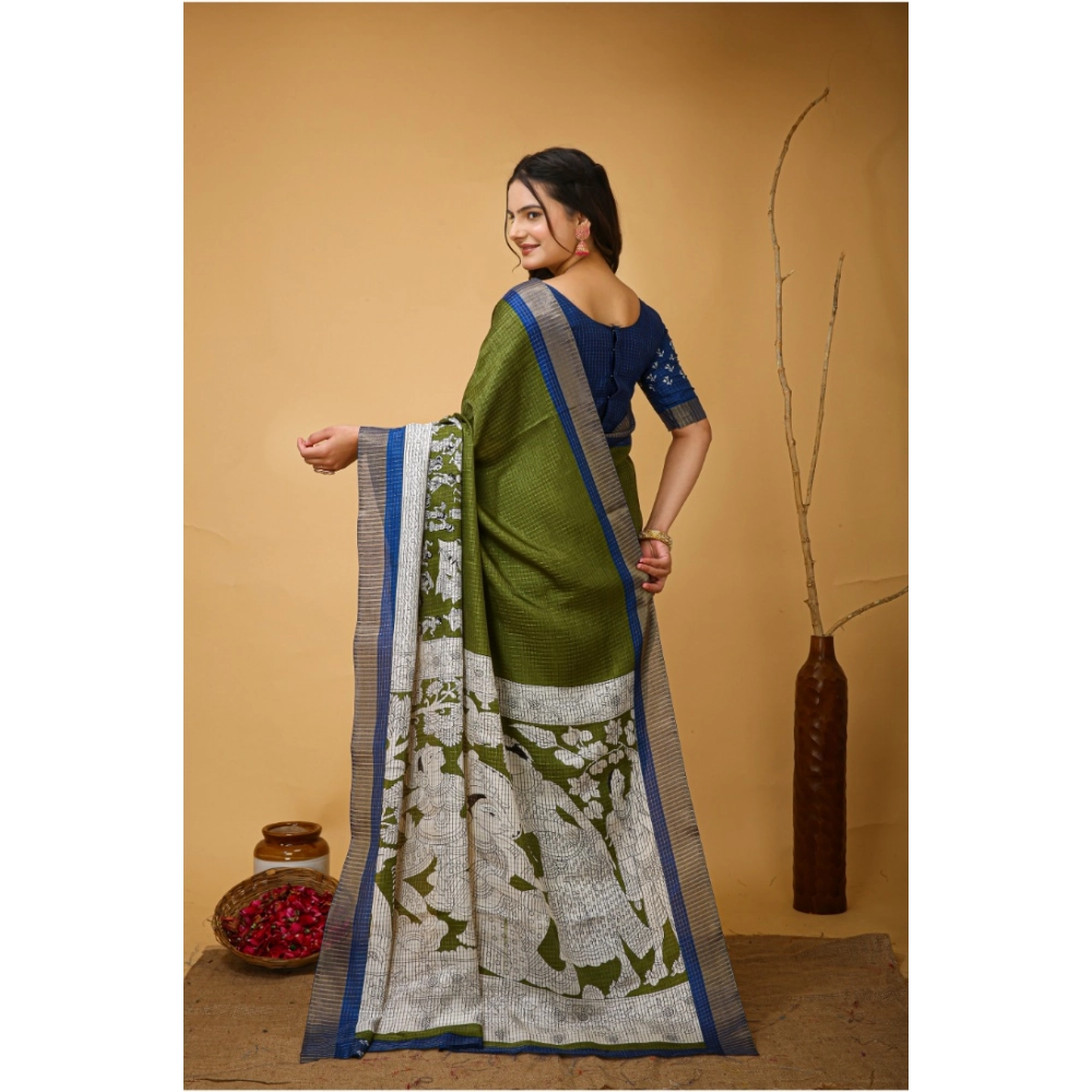 Generic Women's Soft Handloom Cotton Kalamkari Printed Saree With Unstitched Blouse 5.5Mtr (Mehendi) - Image 4